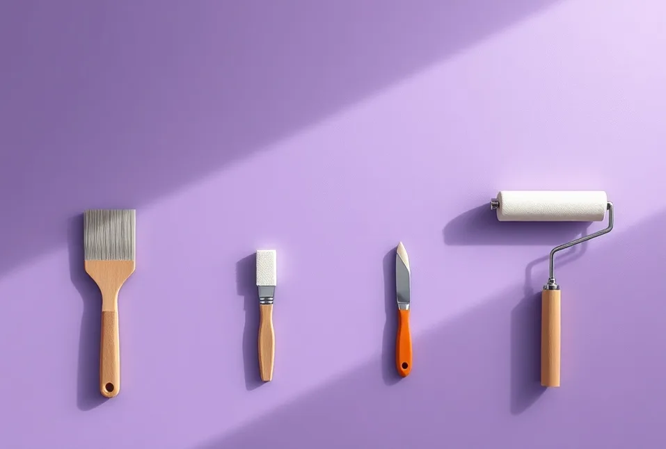 Outils de peinture disposés dans l'ordre des étapes du chantier