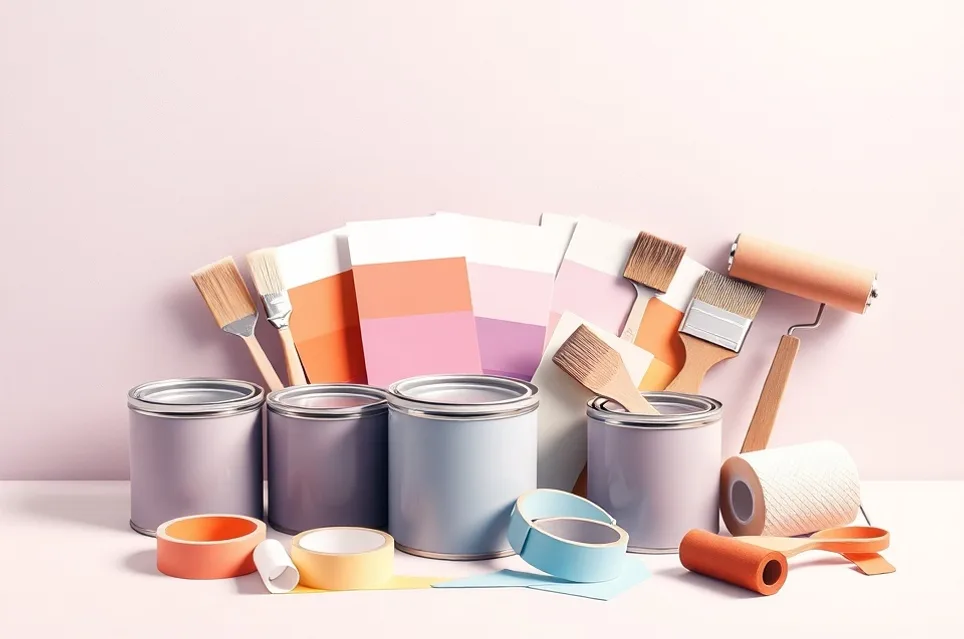 Pots de peinture, nuancier, brosses et rouleaux disposés à plat