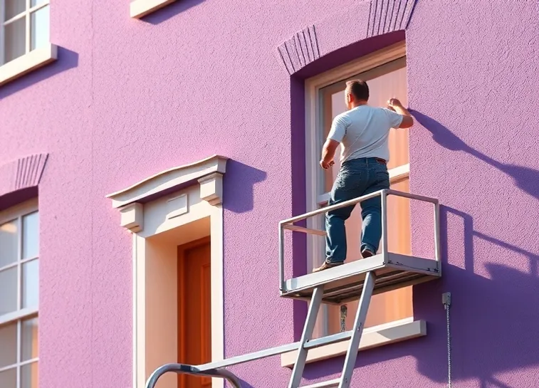 Peintre sur échafaudage traitant la façade d'une maison